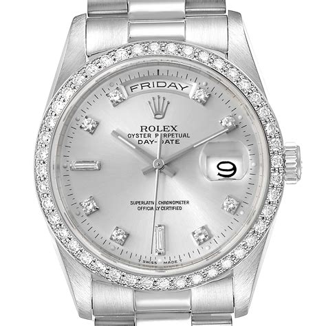 platinum rolex day date president watch with silver diamond dial|Rolex Day-Date watch platinum.